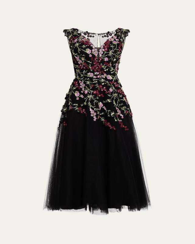 Sequin Embroidered Tulle Midi Dress